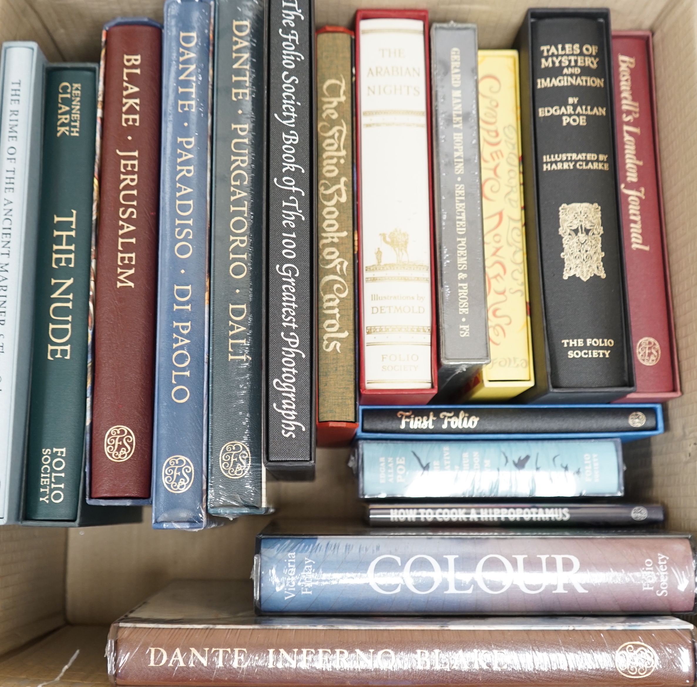 Seventeen Folio Society books, mainly arts and poetry related, including Lear, Complete Nonsense; The Arabian Nights; Dante, Paradiso; Blake, Jerusalem; Kenneth Clark, The Nude, etc.